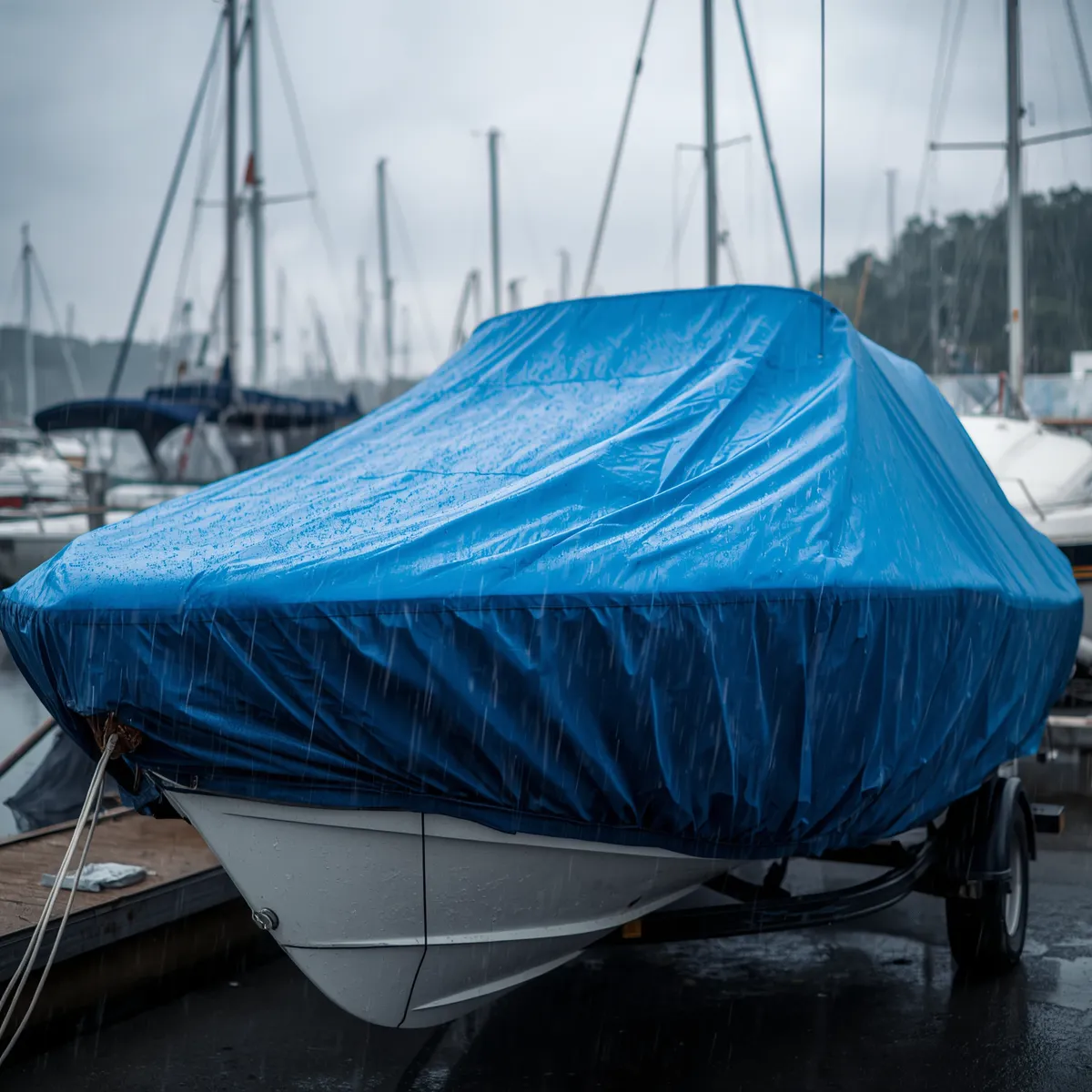Blue PVC Boat Cover During Rain-