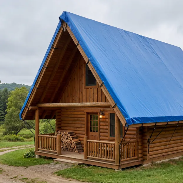 Blue PVC Roof Cover on Cabin House-