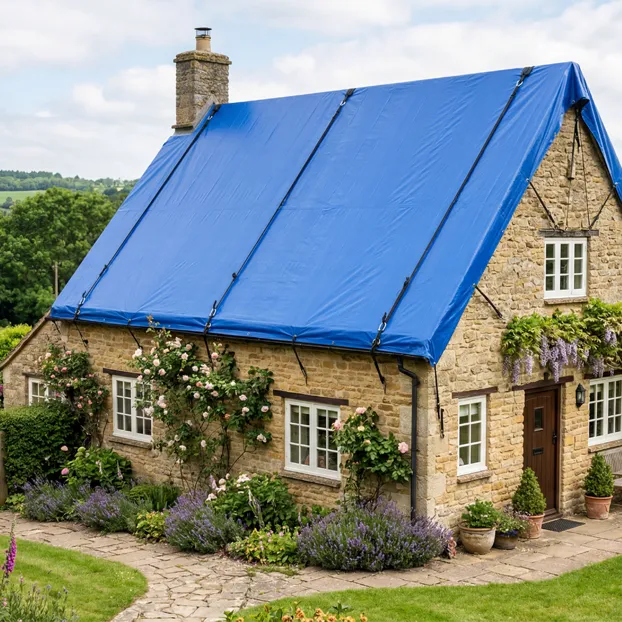 Blue PVC Waterproof Tarp on Cottage Roof-