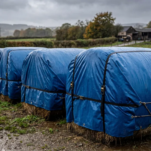 Farmer Securing PVC Round Bale Covers-