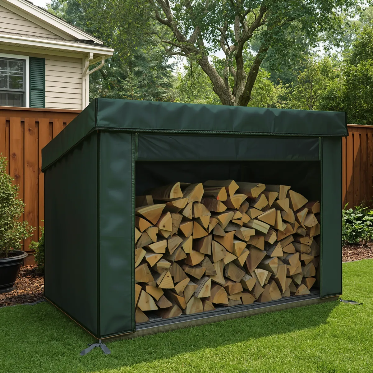 Industrial-Style PVC Firewood Cover Setup-