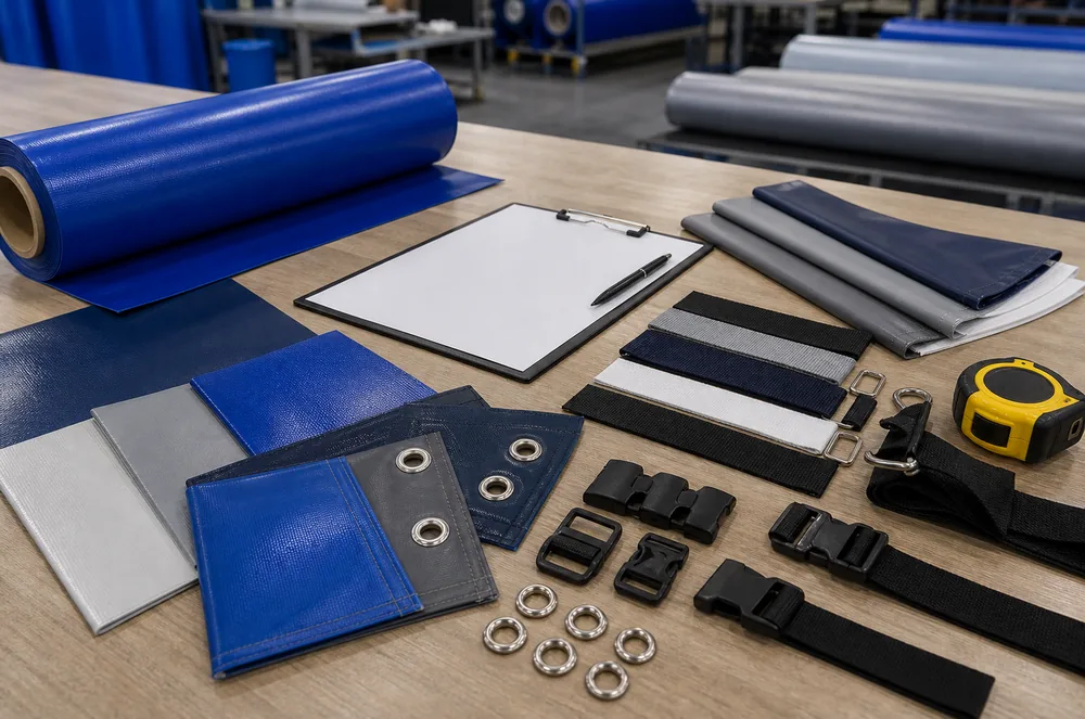 marine PVC fabric swatches and hardware samples prepared for custom boat cover production