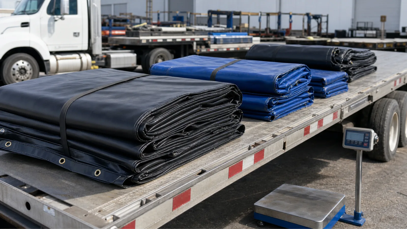 flatbed truck tarps folded on a trailer with weight range comparison for B2B buyers