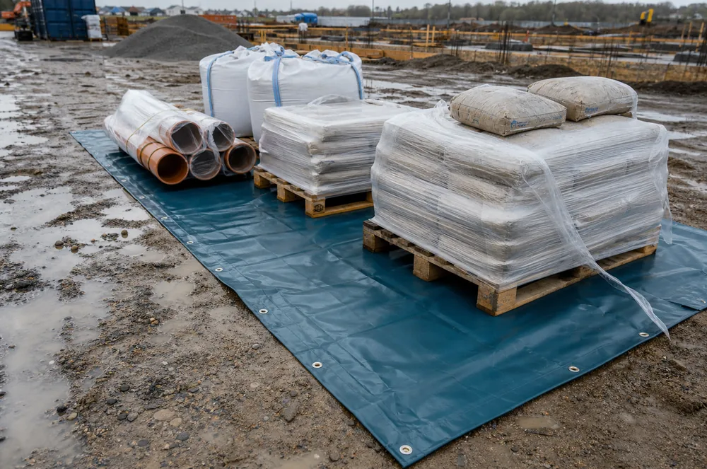 ground cover tarpaulin used under construction materials in a wet storage yard