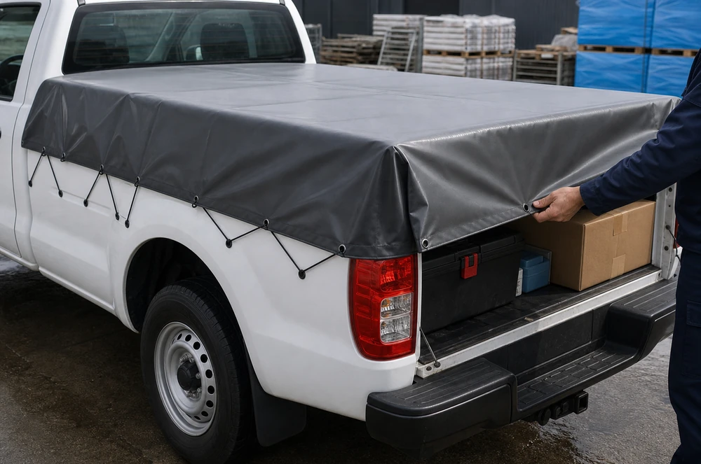 pickup truck bed cover protecting cargo in a commercial service vehicle