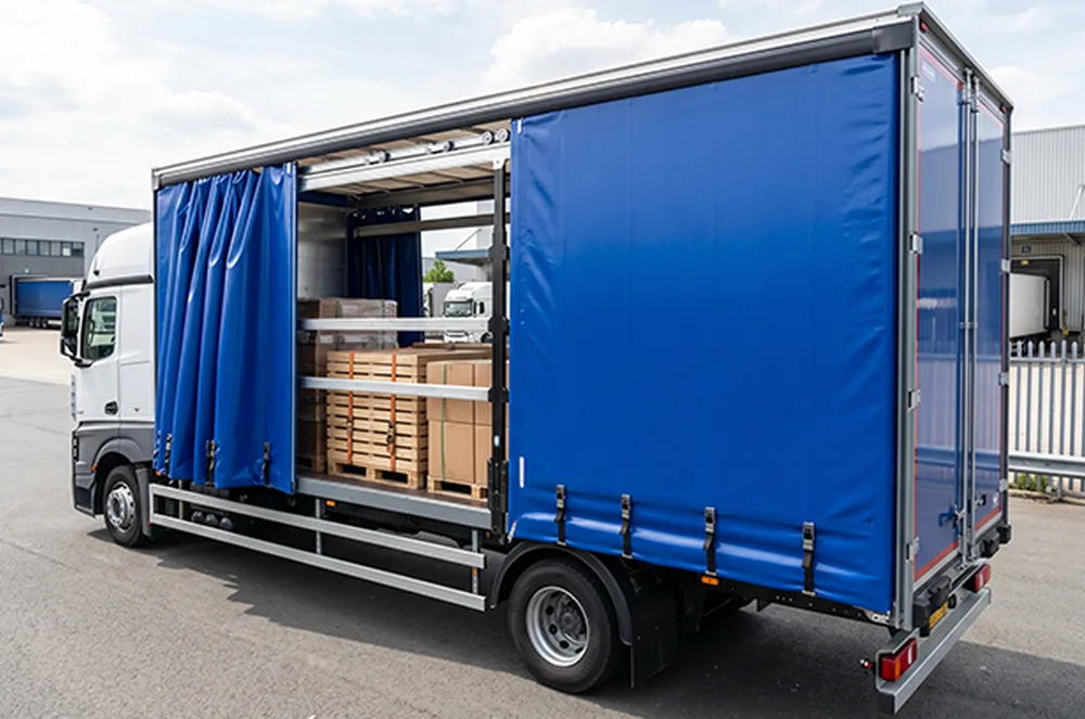 Curtain side truck with sliding PVC side curtain for flexible cargo access