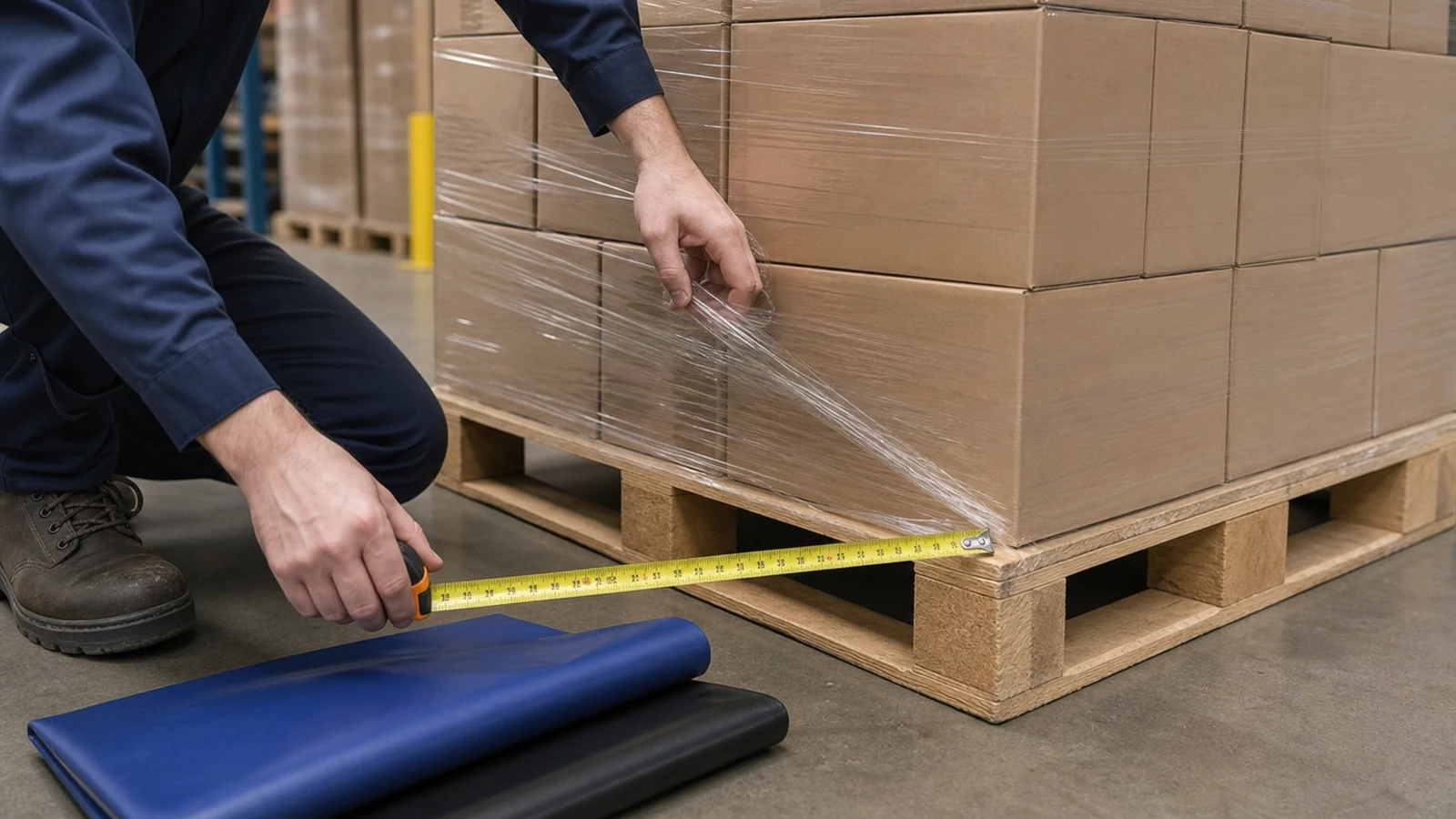 worker measuring pallet dimensions before ordering a custom pallet cover