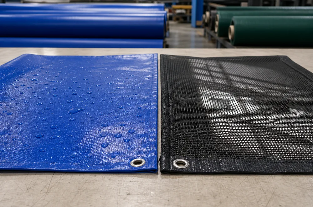 solid PVC tarpaulin and mesh ground cover material comparison for drainage and waterproofing