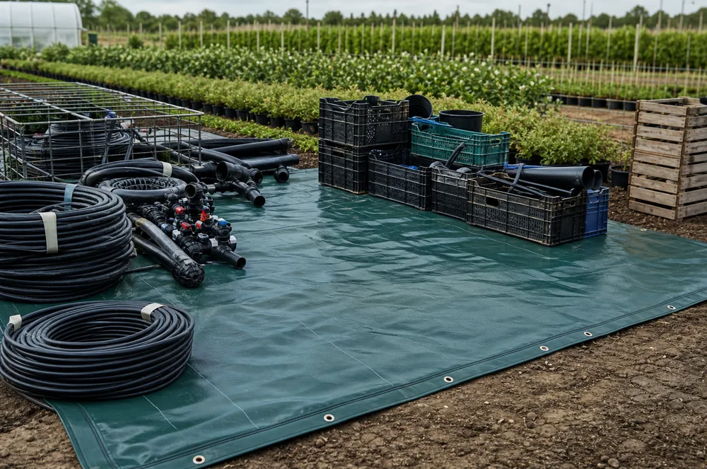 agricultural ground cover tarpaulin used in a commercial nursery supply area