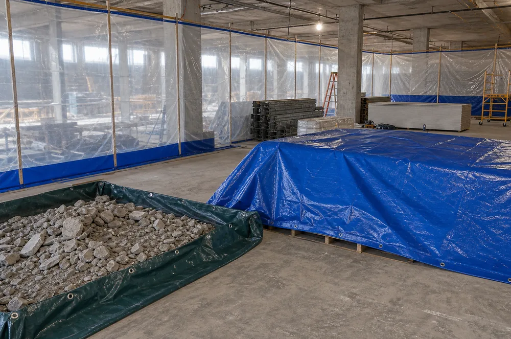 PVC tarps used for dust control and protected work zones on a construction site
