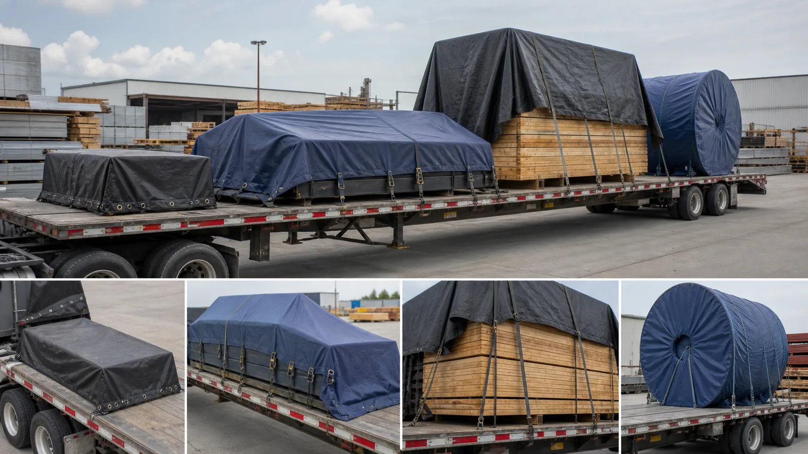 steel tarps lumber tarps coil tarps and smoke tarps shown as flatbed cargo protection options