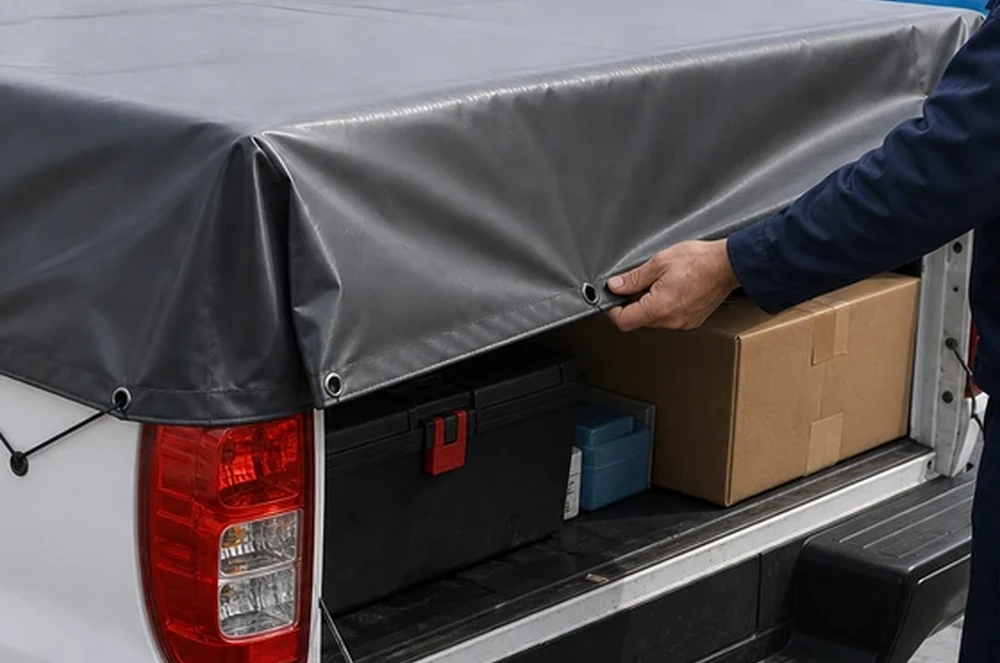close up of reinforced vinyl tarp material and edge finishing for pickup truck bed covers