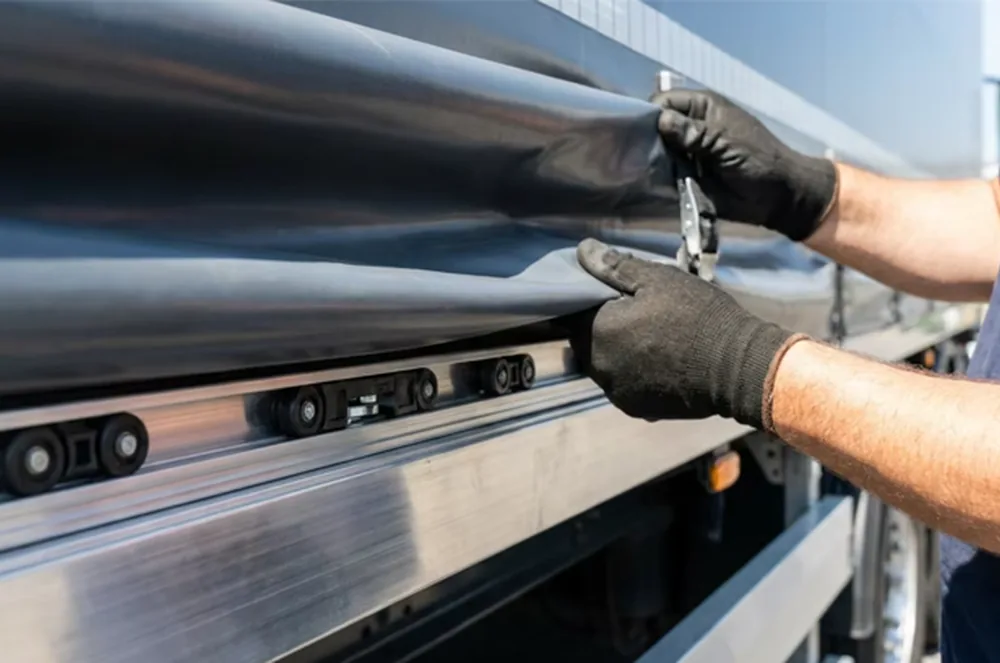 tautliner curtain rail hardware and side curtain handling detail