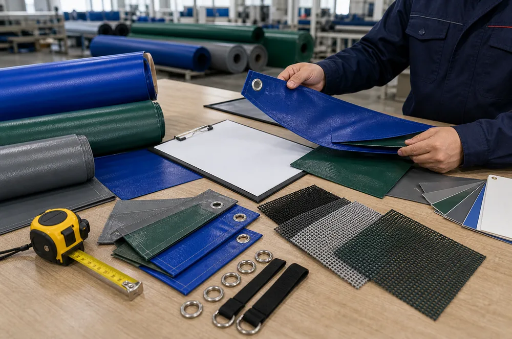 construction tarp samples and hardware prepared for custom production review