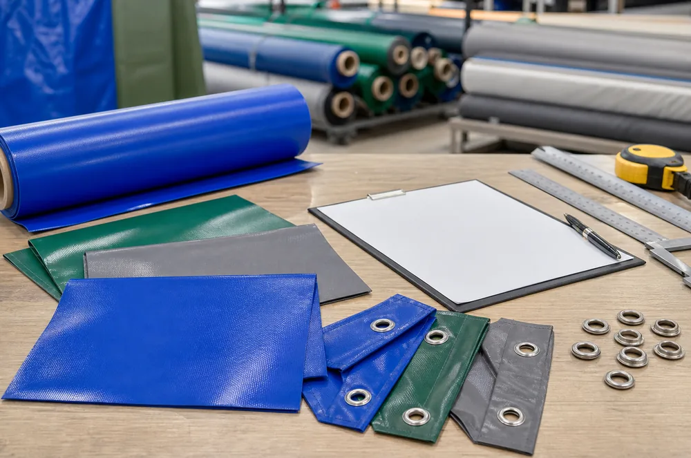 ground cover tarpaulin material samples and hardware prepared for custom specification review