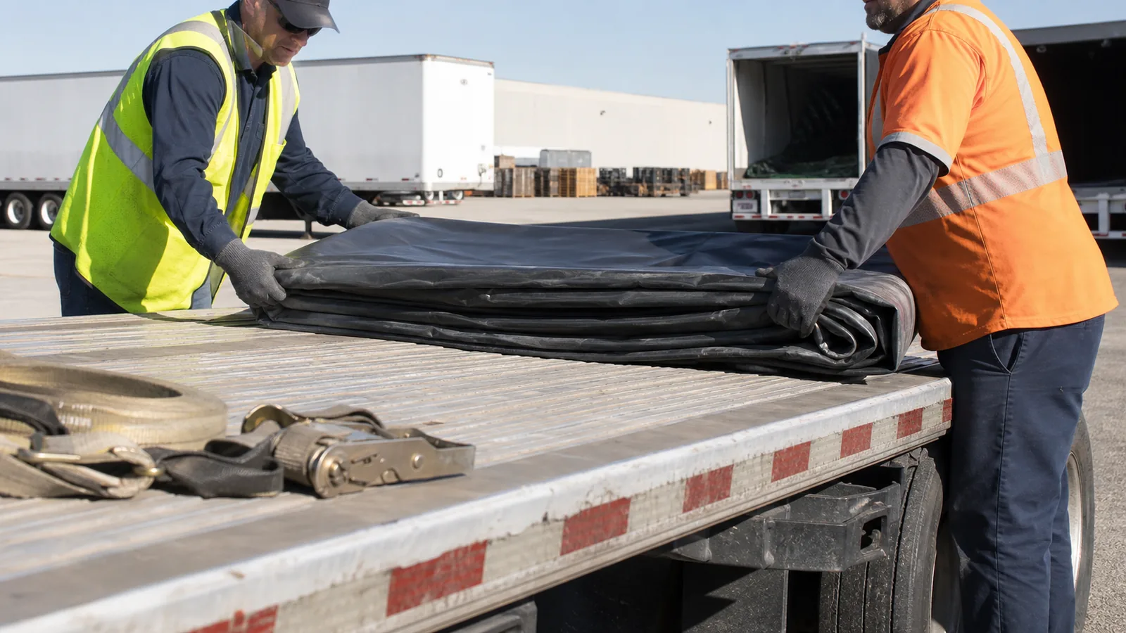 two workers handling a heavy flatbed tarp safely on a logistics yard trailer
