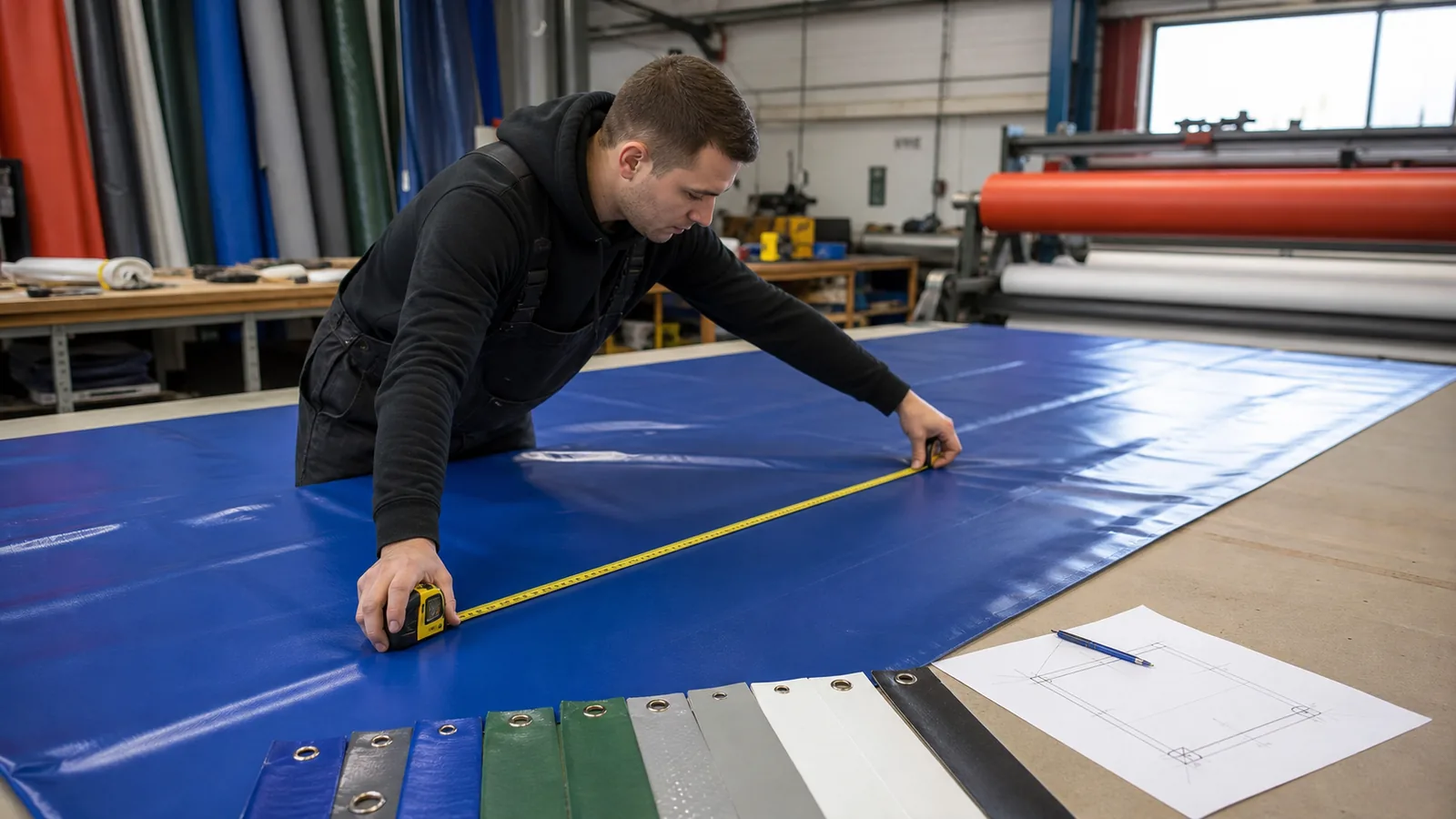 measuring flatbed tarp fabric dimensions and reinforced edge layout before custom production