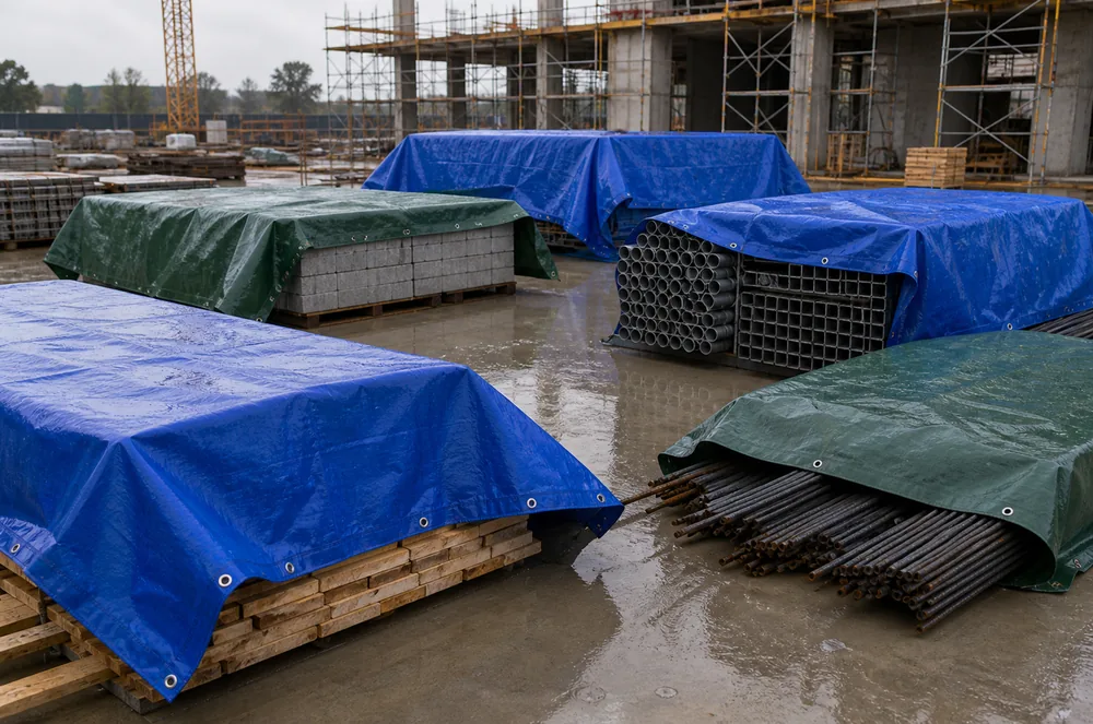 heavy duty PVC construction tarps protecting building materials and temporary work areas