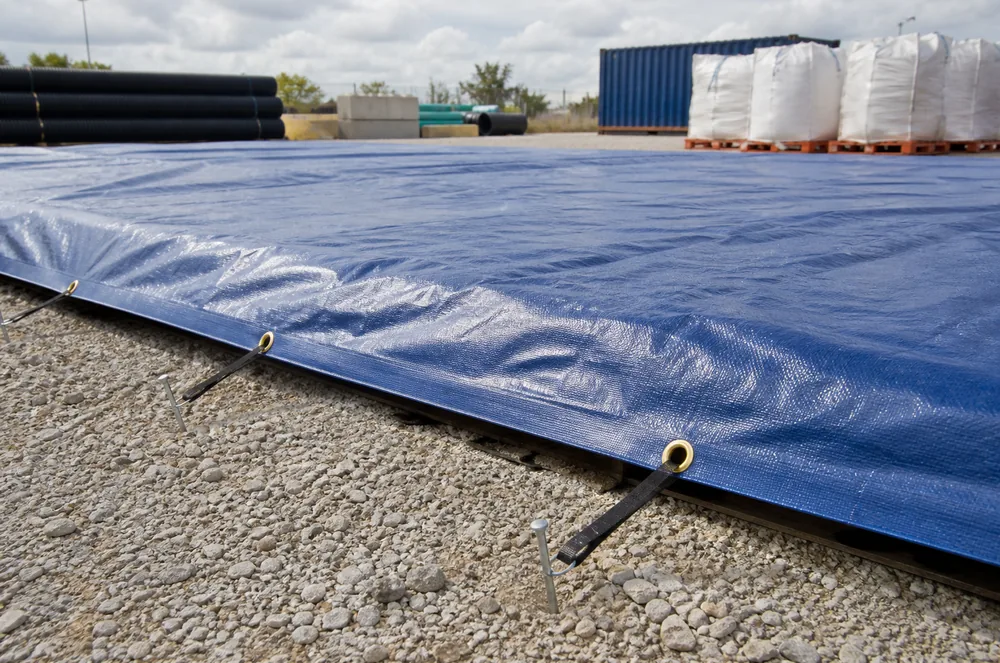 secured ground cover tarpaulin edge with grommets and straps on a gravel work area