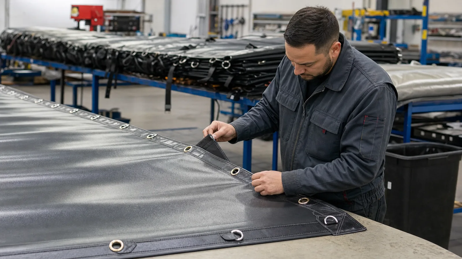 flatbed tarp production checklist with PVC fabric cutting welding grommet and quality control process