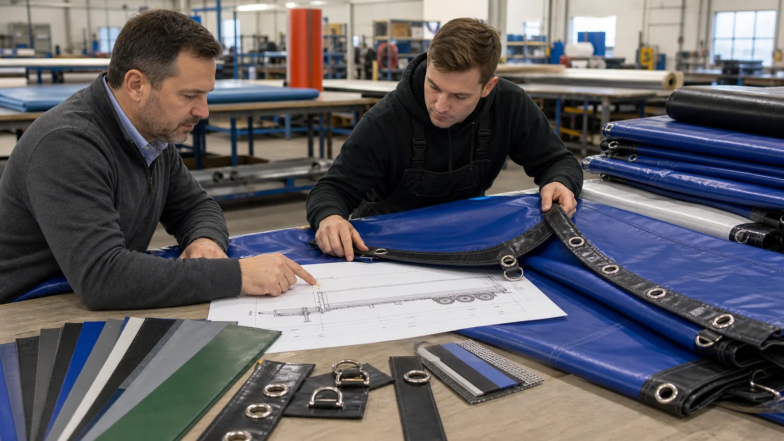 custom flatbed tarp quote preparation with PVC fabric samples and production drawings
