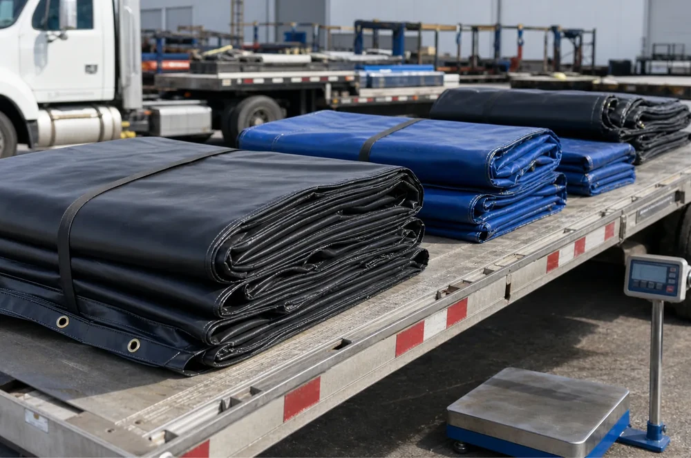flatbed tarps folded on a trailer as a blog cover for flatbed tarp weight guide