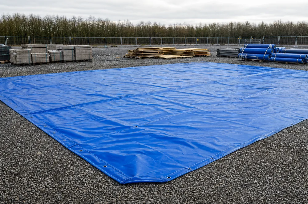 Ground cover tarpaulin laid on gravel in an industrial storage yard
